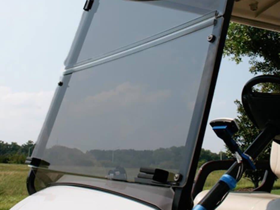close up of tinted and vented golf cart windshield