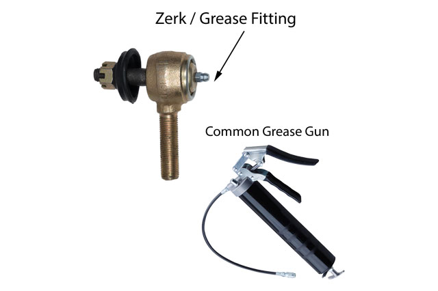 Zerk/Grease Fitting on top left and Common Grease Gun on bottom right