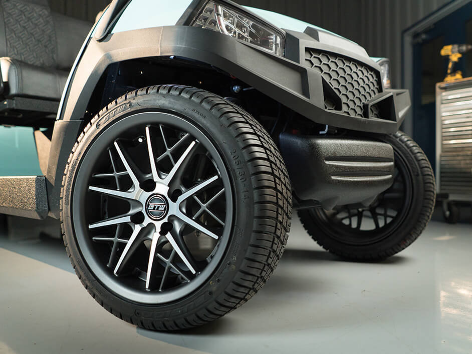 close up of golf cart wheel